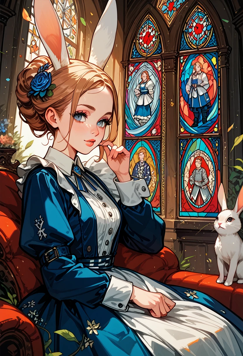 Masterpiece, medieval times, mystical, Alice in Wonderland, 1girl, Rabbit in a suit, Sil Off from Isometric Anime, stained glass, On White Background, Geometric composition,