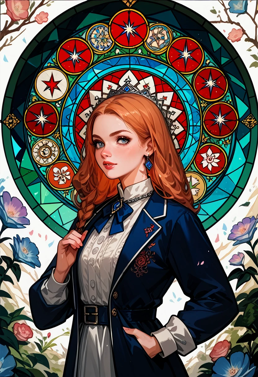 Masterpiece, medieval times, mystical, Alice in Wonderland, 1girl, Rabbit in a suit, Sil Off from Isometric Anime, stained glass, On White Background, Geometric composition,
