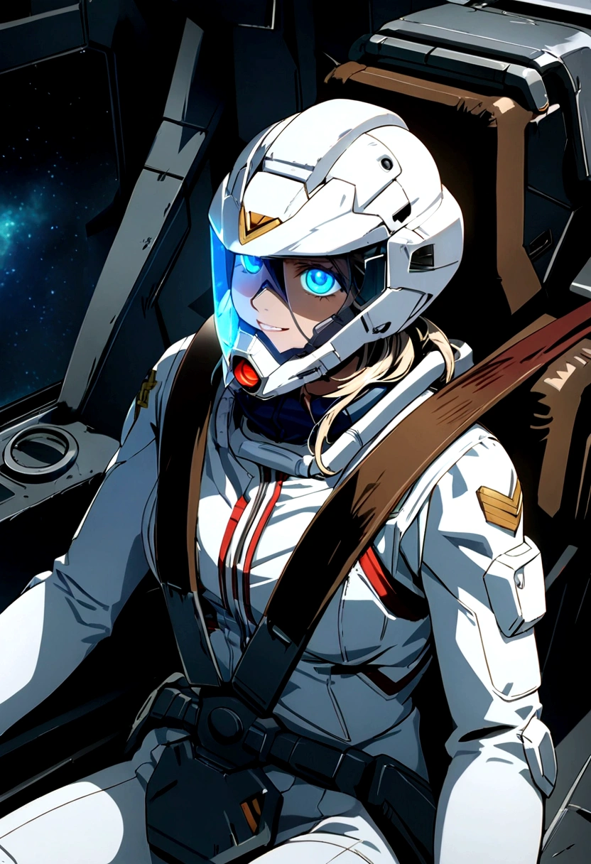 gundamwingcockpit, Woman piloting in cockpit, intricate detail, Highly Detailed beautiful and aesthetic, amazing quality, (masterpiece), (high quality), wallpaper 8K CG, high resolution, extremely detailed, photorealistic, 1 girl, extremely beautiful detailed face and eyes, grin, Beautiful detailed gemological eyes, White full-face helmet with transparent face guard, beautiful detailed face in helmet, white space suit, A magnificent universe of twinkling stars,