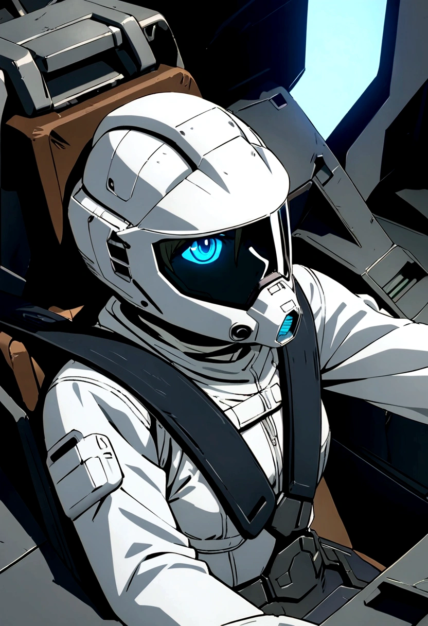 gundamwingcockpit, Woman piloting in cockpit, intricate detail, Highly Detailed beautiful and aesthetic, amazing quality, (masterpiece), (high quality), wallpaper 8K CG, high resolution, extremely detailed, photorealistic, 1 girl, extremely beautiful detailed face and eyes, grin, Beautiful detailed gemological eyes, White full-face helmet with transparent face guard, beautiful detailed face in helmet, white space suit, A magnificent universe of twinkling stars,