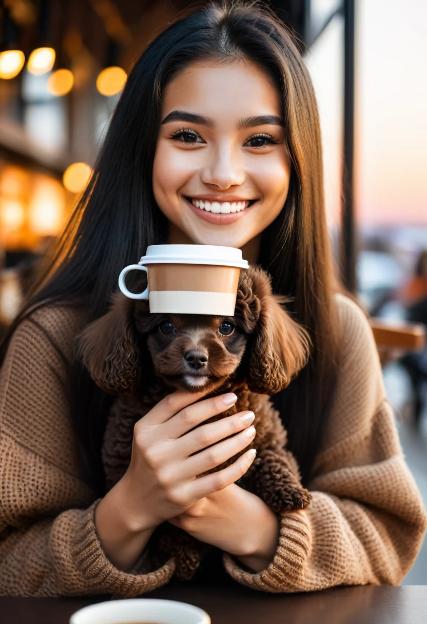 Cute black long straight hair brown eyes round face girl wearing brown sweater sitting in café drinking coffee, sunset, toothy smile without bangs, holding a poodle puppy in her arms