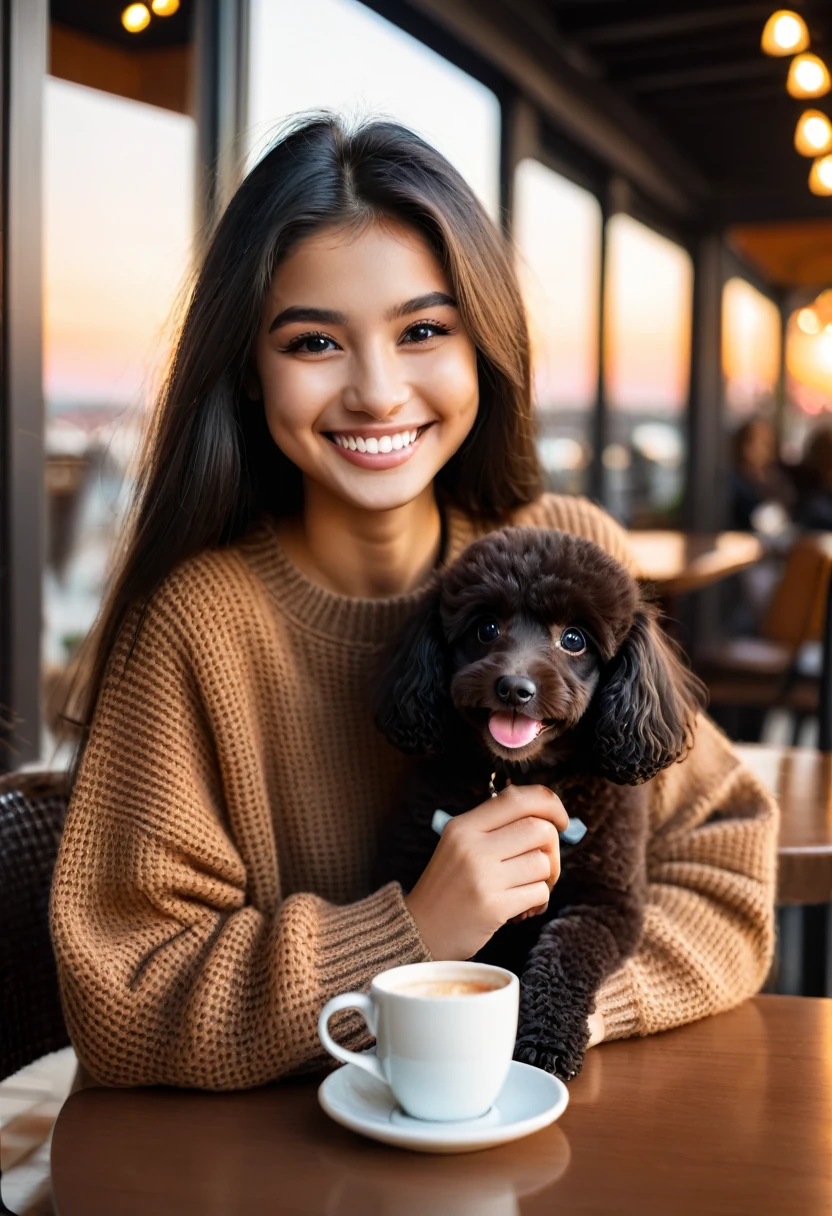Cute black long straight hair brown eyes round face girl wearing brown sweater sitting in café drinking coffee, sunset, toothy smile without bangs, holding a poodle puppy in her arms