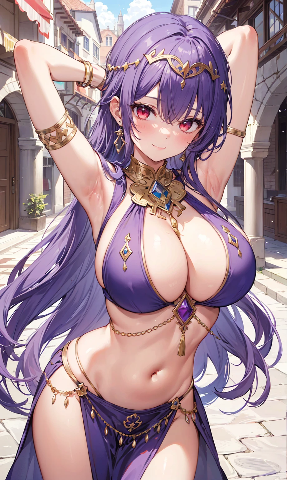 high quality, ultra detailed, best quality, insanely detailed, beautiful, masterpiece, 1girl, medieval plaza, cowboy shot, red eyes, long hair, purple hair, belly dancer, circlet, earrings, armlets, bracelets, bashful smile, large breasts, cleavage, soft stomach