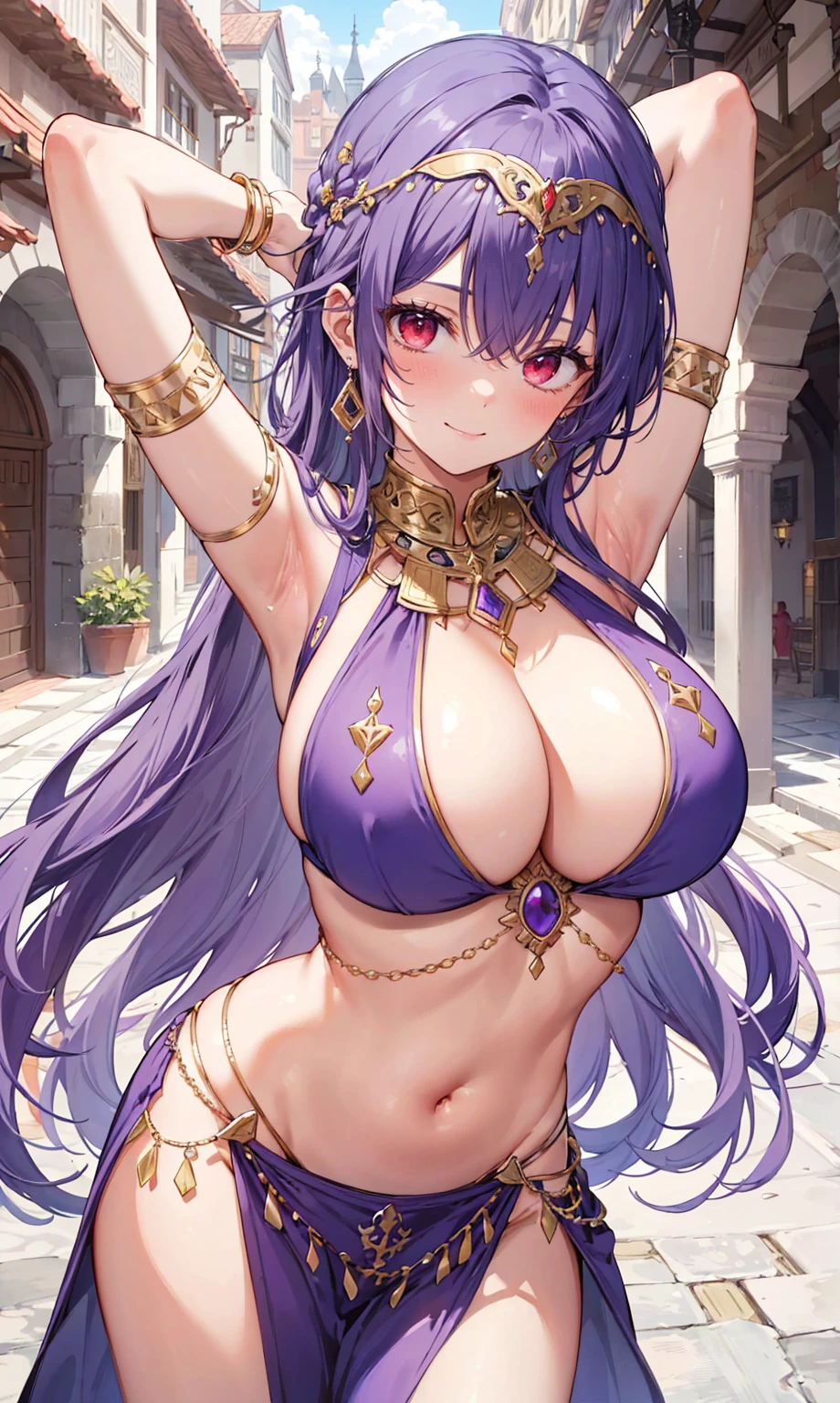 high quality, ultra detailed, best quality, insanely detailed, beautiful, masterpiece, 1girl, medieval plaza, cowboy shot, red eyes, long hair, purple hair, belly dancer, circlet, earrings, armlets, bracelets, bashful smile, large breasts, cleavage, soft stomach