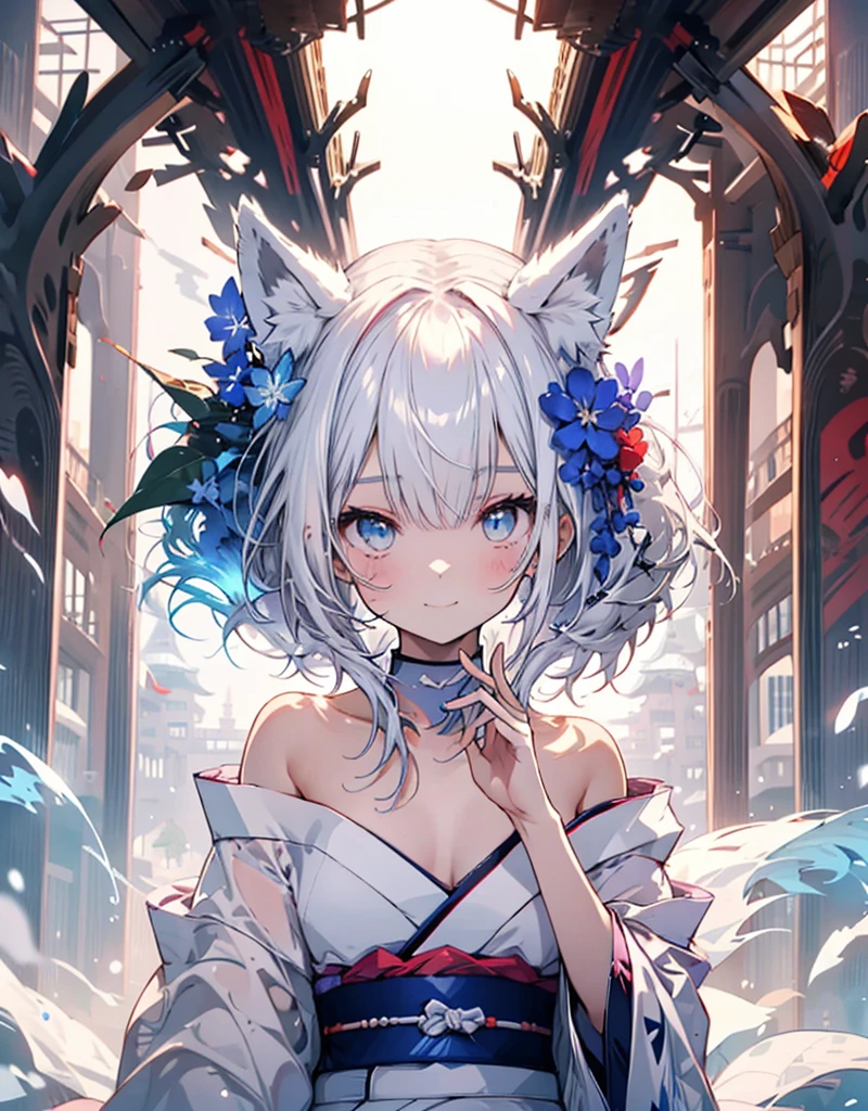 [[[ ultra-detailed, best quality, soft skin, beautiful, 4K]]] white hair,perfect blue eyes, tied-up hair, slender body, dynamic angle, white choker, white fox ears, white and blue upper loose kimono (off shoulders kimono ) , white fox ears, calm expression, female, snowy palace gardens background, serious). walking angle, ((little horny smile)), bare shoulders,  easy like, scenery, temple and ice dragon in background 