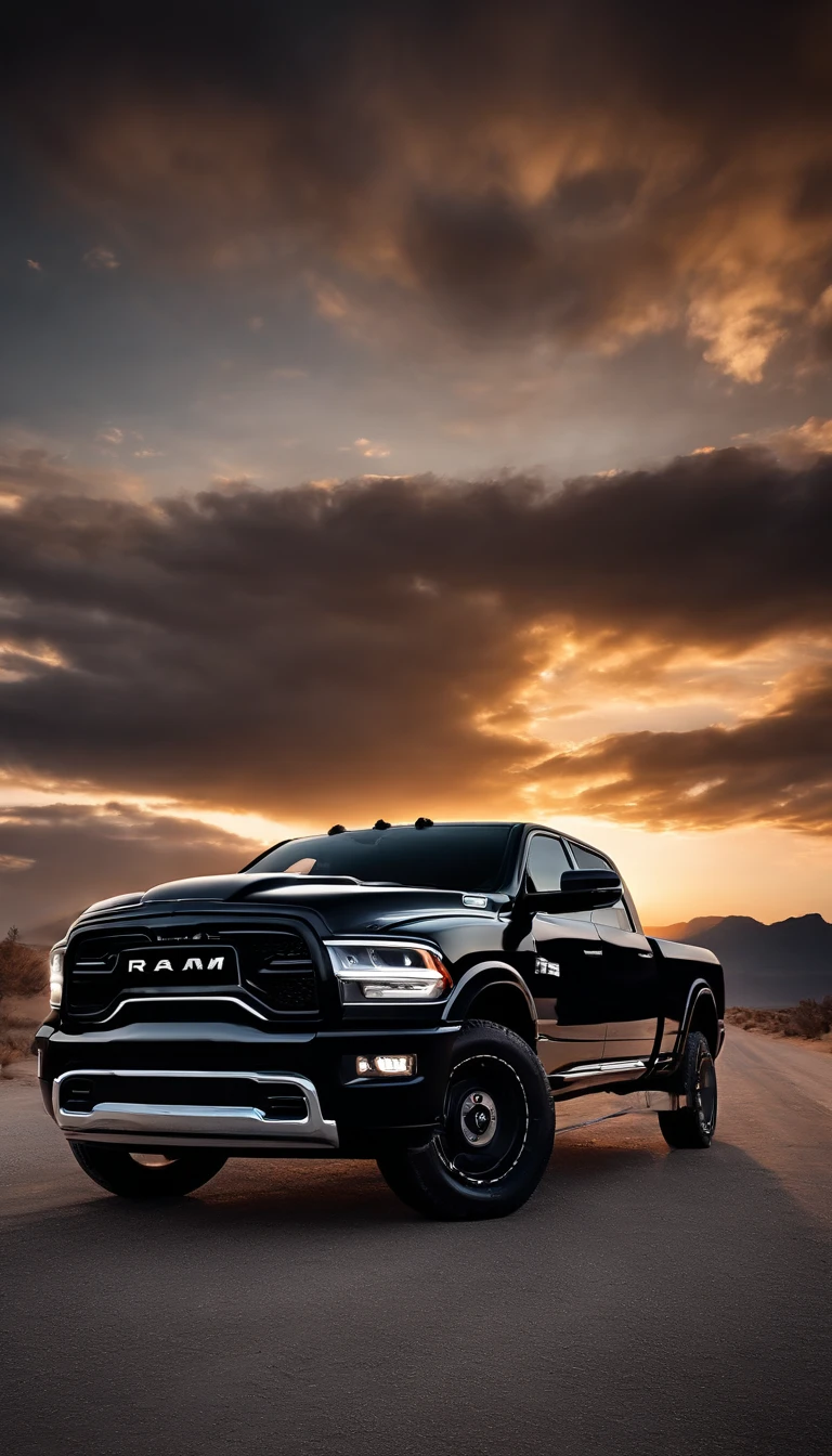 1 car, Dodge RAM black Colour, Wheelie Front Wheel, Bright white DIM lights, The sunset atmosphere is beautiful, ultra details, ultra reallistic, ultra hd, real shadow, sharp image, The front bumper says RAM.
