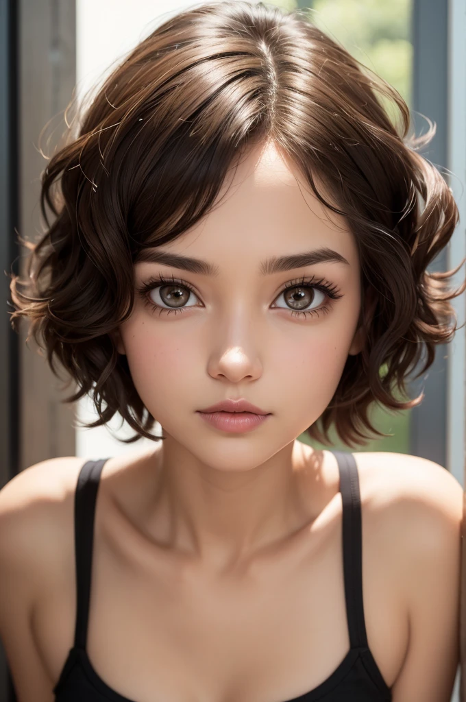 Create a girl with short wavy hair and light brown eyes, cartoon pixar