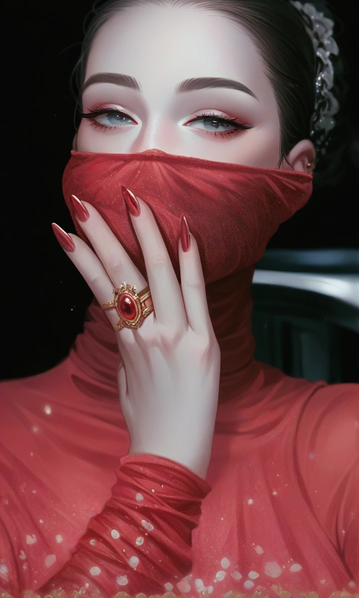 beautiful woman, female beauty, cat eyes, beautiful and soft hands, scarlet red ring, reddish ring, gold and red ring, HD quality, 4K quality, digital art.