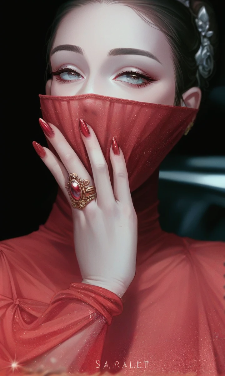 beautiful woman, female beauty, cat eyes, beautiful and soft hands, scarlet red ring, reddish ring, gold and red ring, HD quality, 4K quality, digital art.