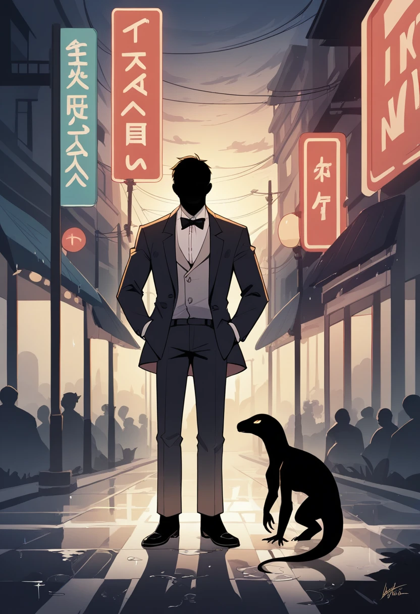 cover page, highres, top quality, best quality, paid reward available, unparalleled masterpiece, perfect artwork, absurdres, High-quality illustrations, super high resolution, detailed background, Lizard wearing a tuxedo wet in the rain, in the city, a night view with neon signs shining, silhouette reflected in a puddle, cinematic lighting,