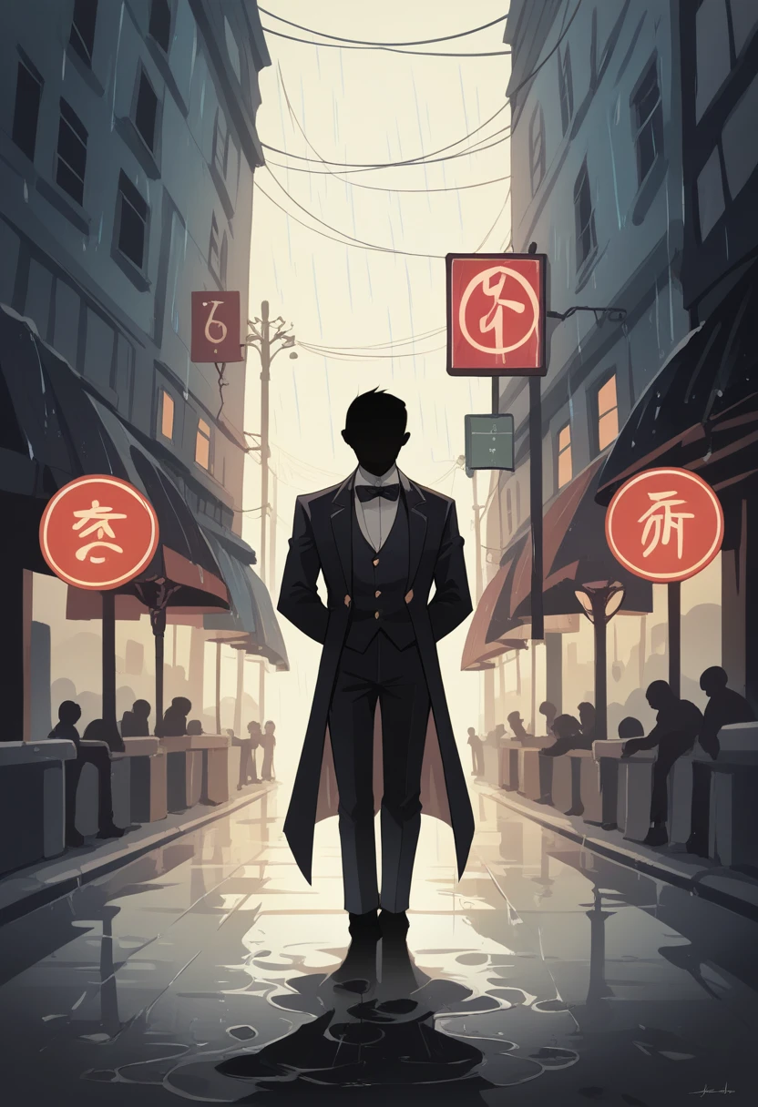 cover page, highres, top quality, best quality, paid reward available, unparalleled masterpiece, perfect artwork, absurdres, High-quality illustrations, super high resolution, detailed background, Lizard wearing a tuxedo wet in the rain, in the city, a night view with neon signs shining, silhouette reflected in a puddle, cinematic lighting,
