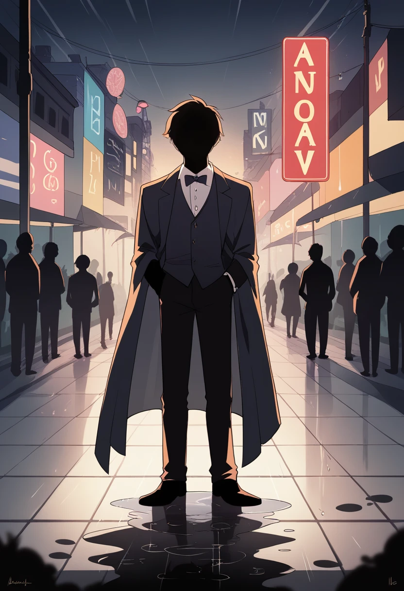 cover page, highres, top quality, best quality, paid reward available, unparalleled masterpiece, perfect artwork, absurdres, High-quality illustrations, super high resolution, detailed background, Lizard wearing a tuxedo wet in the rain, in the city, a night view with neon signs shining, silhouette reflected in a puddle, cinematic lighting,