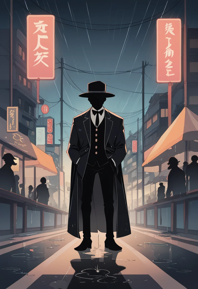 cover page, highres, top quality, best quality, paid reward available, unparalleled masterpiece, perfect artwork, absurdres, High-quality illustrations, super high resolution, detailed background, Lizard wearing a tuxedo wet in the rain, in the city, a night view with neon signs shining, silhouette reflected in a puddle, cinematic lighting,