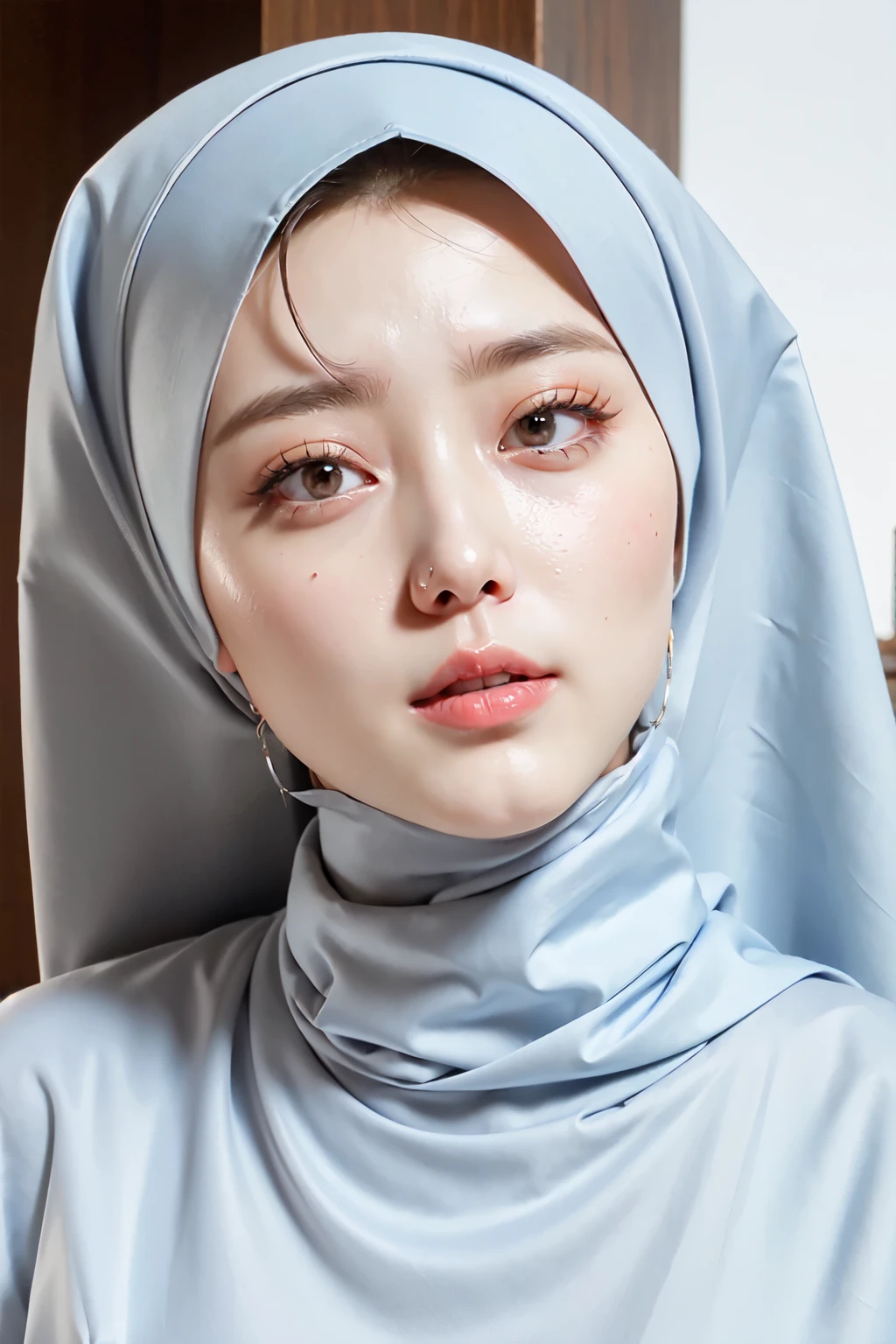 ((Best quality, 8k, Masterpiece :1.37)), (wear hijab girls), girls wear hijab, collor white hijab, (girls wearing hijab moslem), beautiful face, face bukkake, (25 years old girls), model style,ultra detailed face, ultra detailed body, slim body, lips smile, Beautiful detailed eyes, eyes korean, detailed nose, Natural Lip, Wear hijab moslem, fancy jubba thobbe, lview of the blue sky, Slim Body, body erotic, (undressing body), (big breasts), Epic real face 8k, in house room