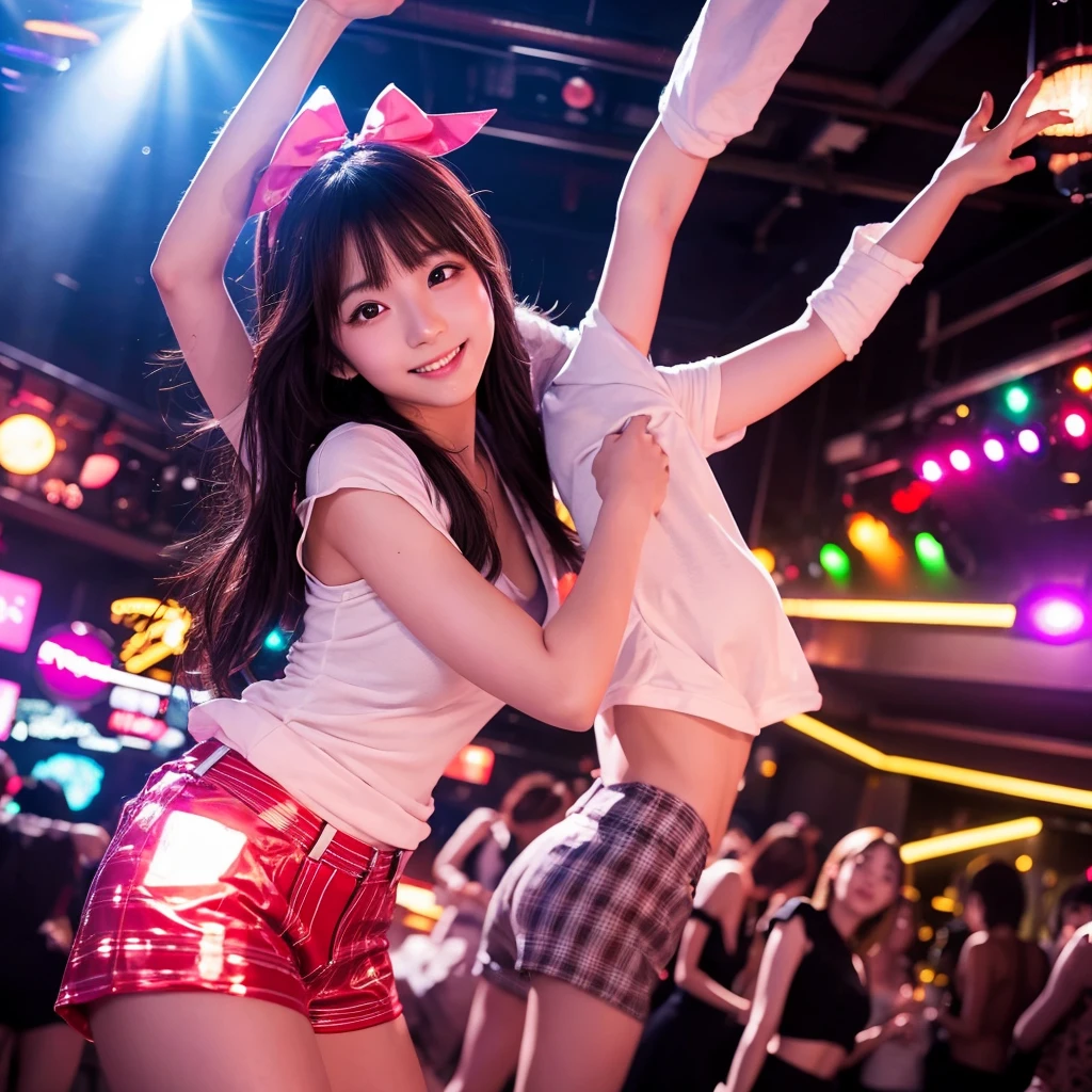 Cute, beautiful Japanese girls dancing in a club atmosphere with bright lights, flashing lights and dynamic colors