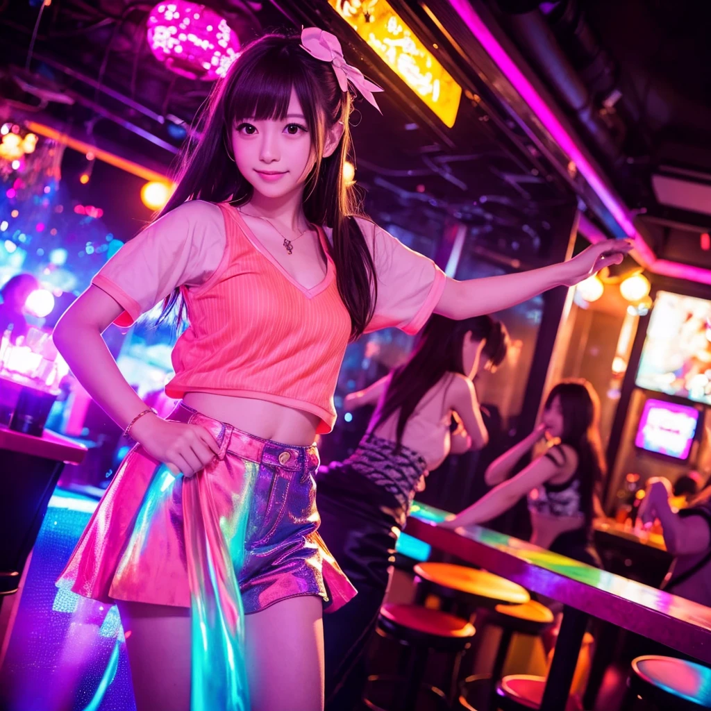 Cute, beautiful Japanese girls dancing in a club atmosphere with bright lights, flashing lights and dynamic colors