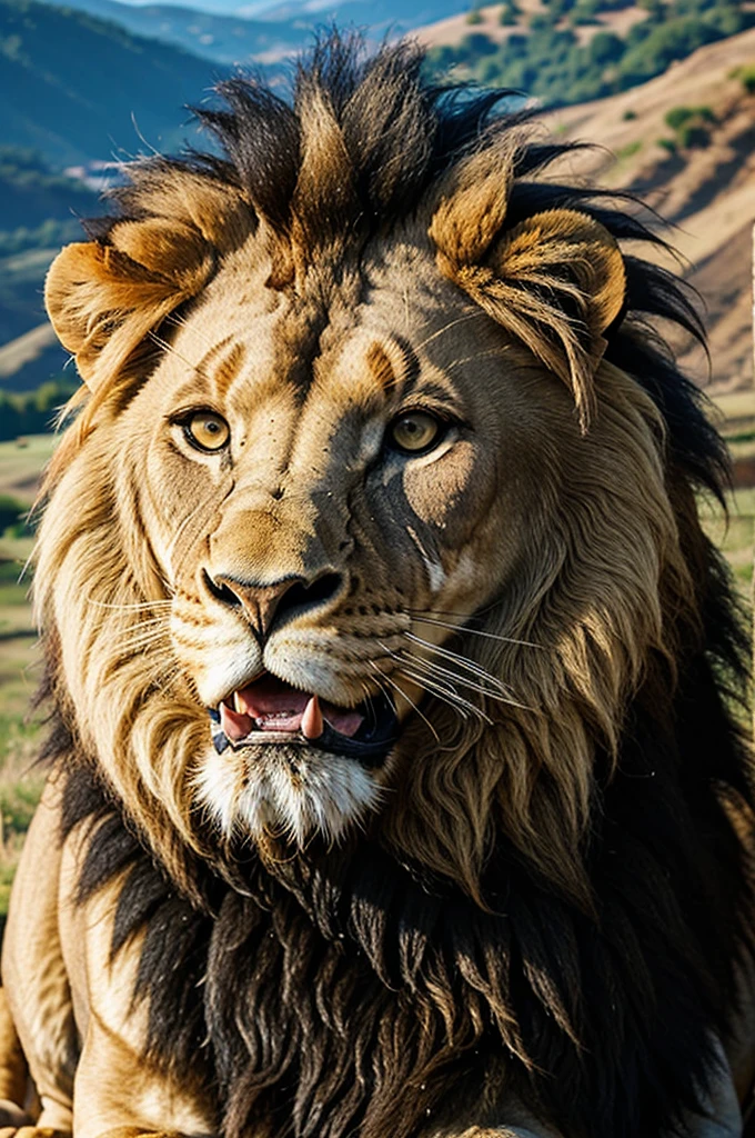 A lion sitting on the hills with mouth covered with blood roaring loudly 