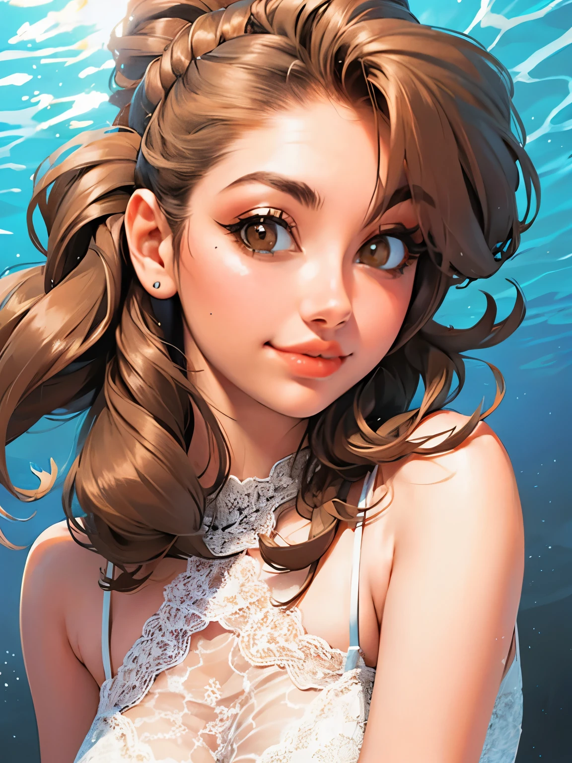( Absurd , High quality , ultra detailed, careful with hand )Zodiac - Gemini goddess , similar to latin goodness , Solo .  Curious, skillful, humorous, seductive, imaginative face , Sometimes impractical, restless, nervous, careless style , mature , light brown eyes , long hair , light blonde hair ,  dress , lace lingerie , in the ocean with wind , whole body , flirty look ,