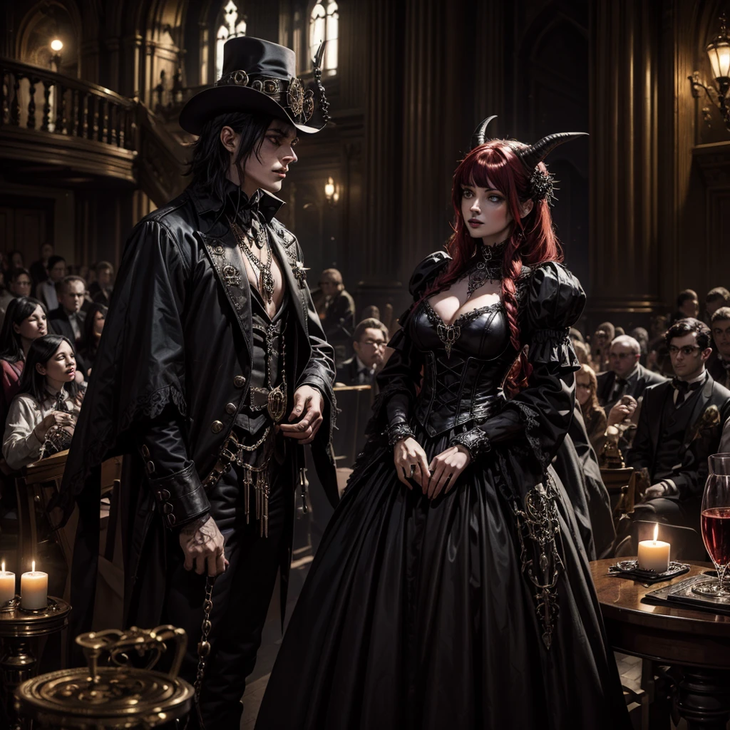 A dark witch and a demon both dressed in steampunk, in the background a gothic circus with an audience of devils