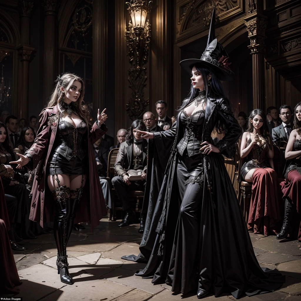 A dark witch and a demon both dressed in steampunk, in the background a gothic circus with an audience of devils