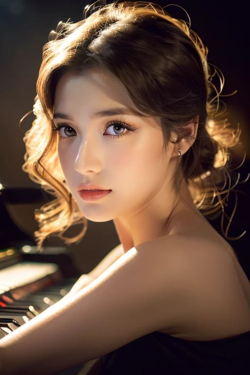 (best quality,4k,highres),(realistic,photorealistic:1.37),beautiful girl,detailed eyes and face,long eyelashes,closeup of beautiful lips,stage,piano,spotlight,grandeur,sophisticated lighting,vibrant colors,musical atmosphere,dramatic pose,gentle expression,flowing dress,elegant,graceful movements,artistic backdrop,dynamic composition,emotional depth,exquisite details,masterpiece-worthy,professional portrait,artistic flair