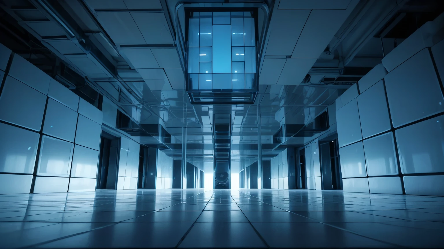 AMBIENTE BRANCO, a high-quality, highly detailed image in a cyberpunk style. The image should depict falling cubes in shades of blue, with a strong sense of depth. The composition should convey a sense of advanced technology. All elements should be isolated on a white background, and the floor should be technological, reflecting the image of the cubes. The image should be in a 16:9 format