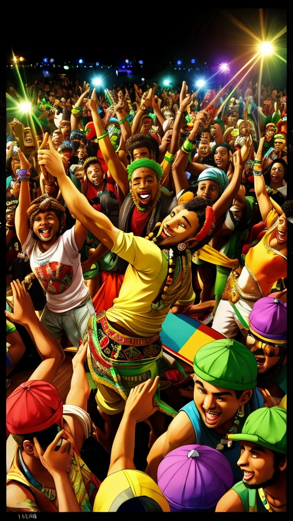 Crowd of black and mixed race people, dancing reggae, Jamaican Sound System culture style party. all happy, reggae band