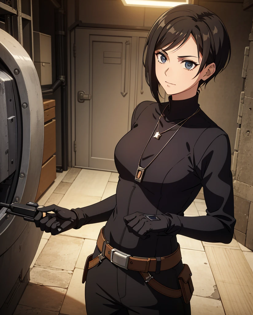 (high-quality, breathtaking),(expressive eyes, perfect face) Symmetrical Eyes, portrait, Star Wars Universe, 1girl, female, adult, mechanic, punk black brown jacket, black shirt, short sleeved, gloves, pants, belt, wrench, crystals, messy hair, black hair color, brown eye color, short hair length, stylized hairstyle, pixie haircut, tall, technician outfit, engineer, sci fi workshop background, work bench, tools, mature, narrow eyes, dog tag necklaces, soft smile, age 25
