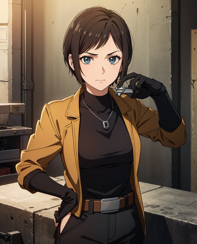 (high-quality, breathtaking),(expressive eyes, perfect face) Symmetrical Eyes, portrait, Star Wars Universe, 1girl, female, adult, mechanic, punk black brown jacket, black shirt, short sleeved, gloves, pants, belt, wrench, crystals, messy hair, black hair color, brown eye color, short hair length, stylized hairstyle, pixie haircut, tall, technician outfit, engineer, sci fi workshop background, work bench, tools, mature, narrow eyes, dog tag necklaces, soft smile, age 25