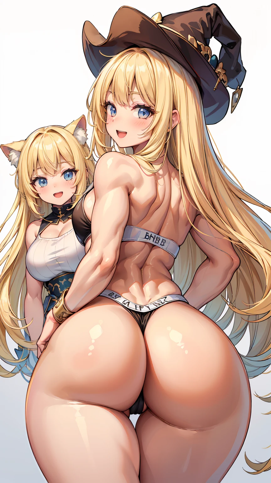 Super detailed、Highest quality、Best image quality、masterpiece、8K、(shoulder-length blonde hair、Medium Long Hair)、(Open mouth smiling)、((SFW Huge Body))、(((Rear View)))、Cowboy Shot、(White Thong)、Two women standing side by side with their butts facing the viewer