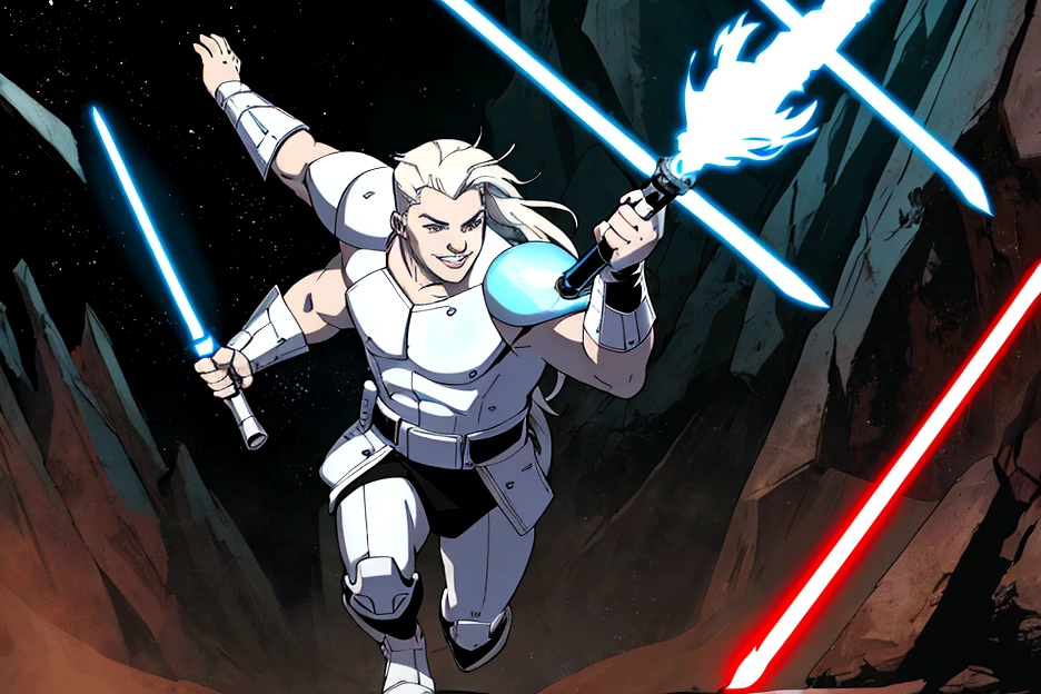 (starwars 2d comic art style with shading), a 20 year old Albino of Anglo-Saxon descent with a pure white complexion and a smile, burly brawny Physique with only 3 fingers on both hands, Albino long hair with thick eyebrows and white eyes, holding his thick twohanded Greatsword lightsaber with red lightning around it, black half armor with leather accents, foggy day walking in a lush battlefield, tense atmosphere, (full body portrait with correct body proportions:1), (solo:1).
