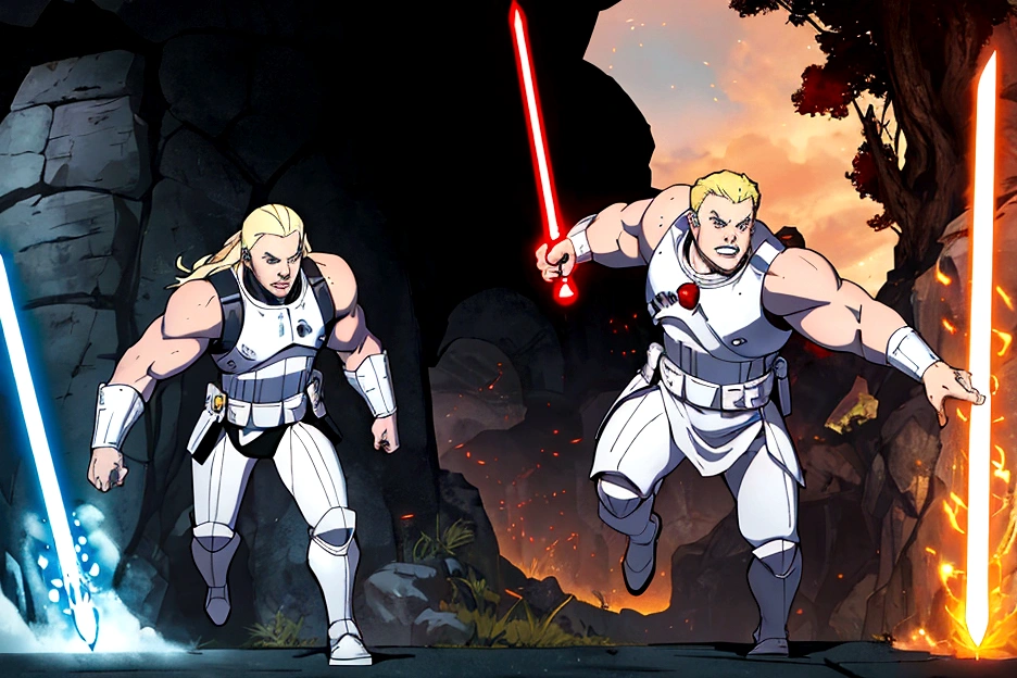 (starwars 2d comic art style with shading), a 20 year old Albino of Anglo-Saxon descent with a pure white complexion and a smile, burly brawny Physique with only 3 fingers on both hands, Albino long hair with thick eyebrows and white eyes, holding his thick twohanded Greatsword lightsaber with red lightning around it, black half armor with leather accents, foggy day walking in a lush battlefield, tense atmosphere, (full body portrait with correct body proportions:1), (solo:1).