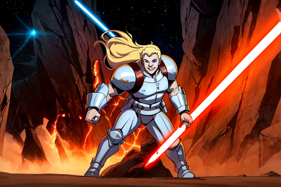 (starwars 2d comic art style with shading), a 20 year old Albino of Anglo-Saxon descent with a pure white complexion and a smile, burly brawny Physique with only 3 fingers on both hands, Albino long hair with thick eyebrows and white eyes, holding his thick twohanded Greatsword lightsaber with red lightning around it, black half armor with leather accents, foggy day walking in a lush battlefield, tense atmosphere, (full body portrait with correct body proportions:1), (solo:1).