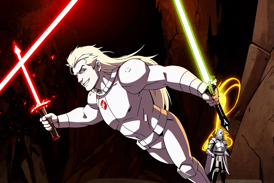 (starwars 2d comic art style with shading), a 20 year old Albino of Anglo-Saxon descent with a pure white complexion and a smile, burly brawny Physique with only 3 fingers on both hands, Albino long hair with thick eyebrows and white eyes, holding his thick twohanded Greatsword lightsaber with red lightning around it, black half armor with leather accents, foggy day walking in a lush battlefield, tense atmosphere, (full body portrait with correct body proportions:1), (solo:1).
