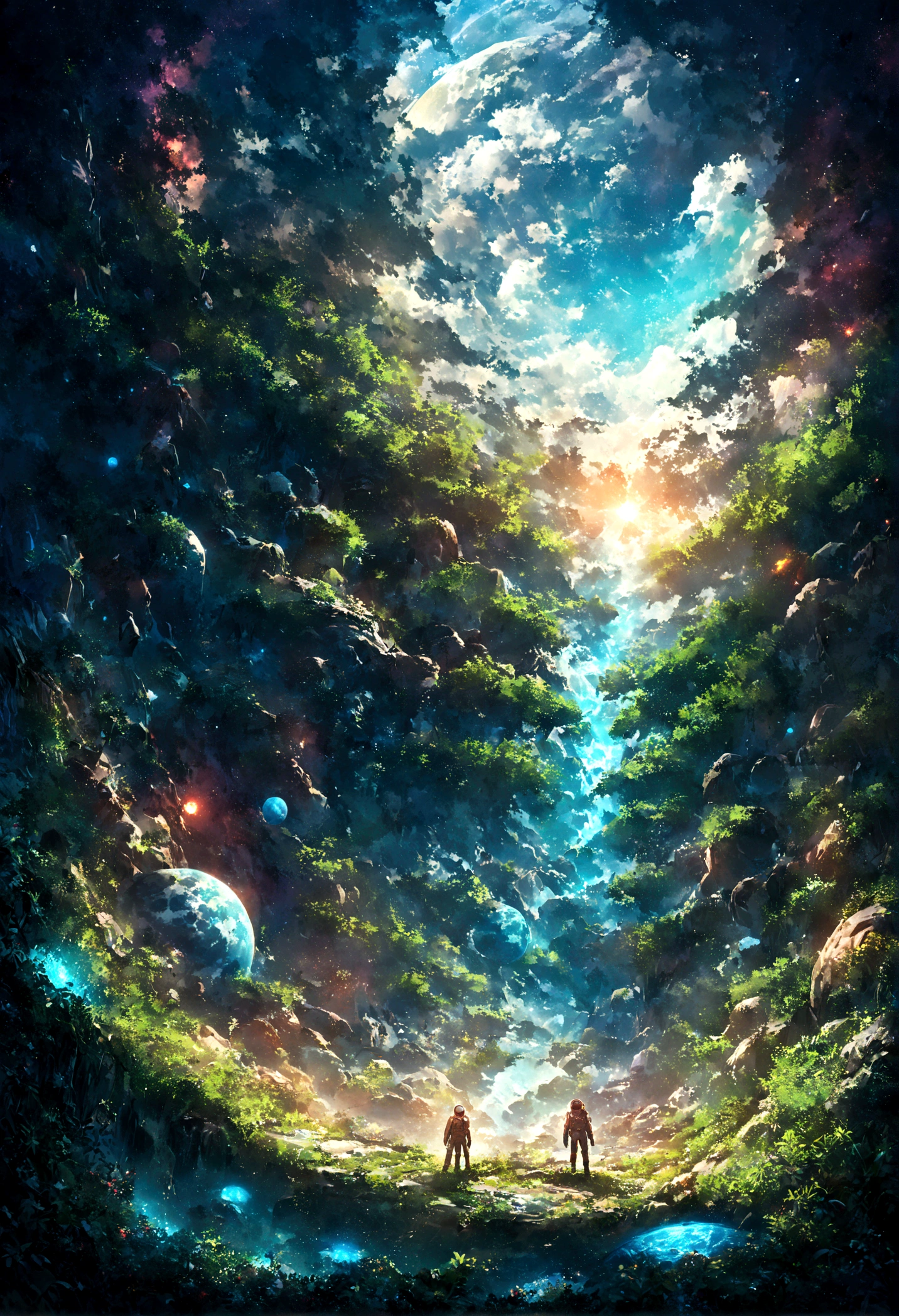 An astronaut standing on an alien planet filled with lush greenery, looking up at a destroyed Earth in the sky. The planet's vibrant landscape contrasts with the broken and fragmented view of Earth, creating a surreal and poignant scene. Intricate details, vivid colors, dramatic lighting, hd quality