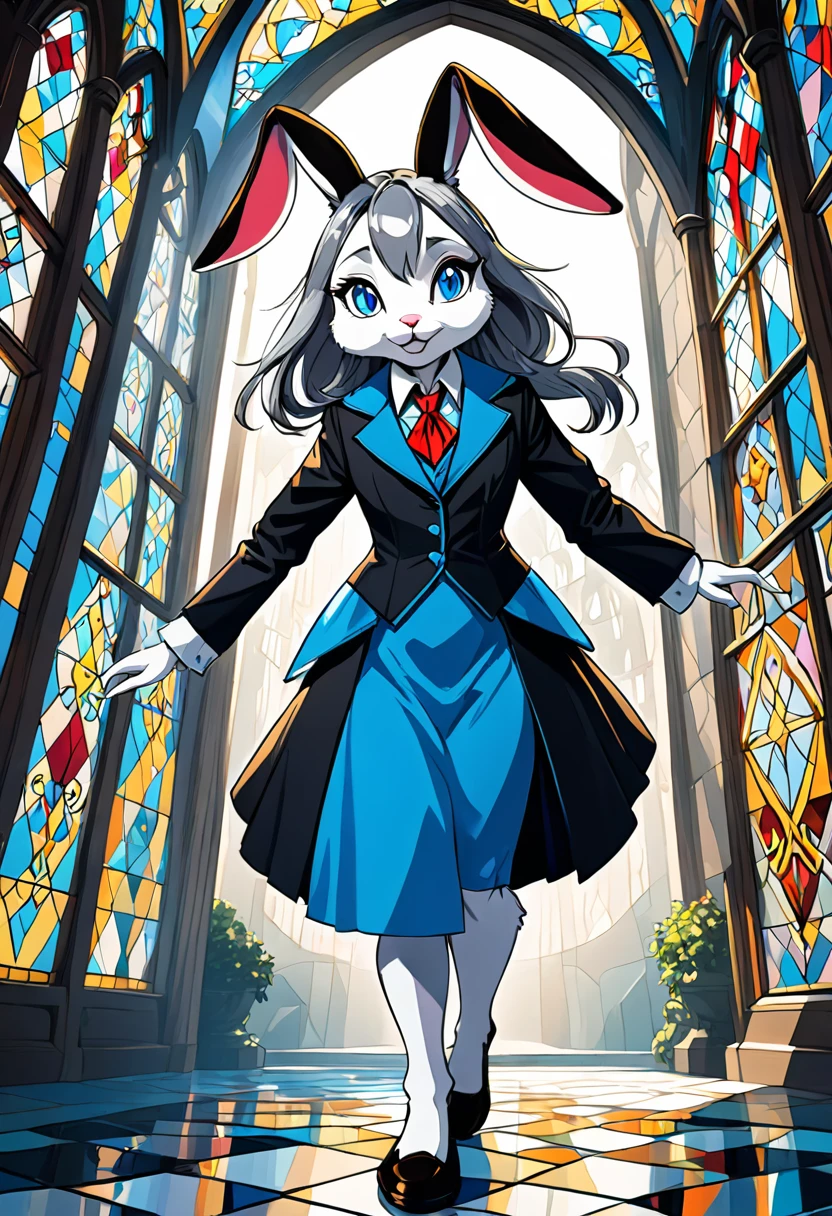 Masterpiece, medieval times, mystical, Alice in Wonderland, 1girl, Rabbit in a suit, Sil Off from Isometric Anime, stained glass, On White Background, Geometric composition,