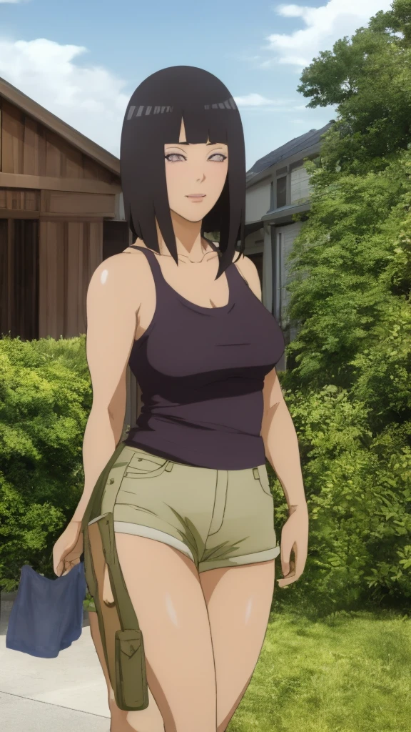 Masterpiece, Hinata\(Boruto\), 1 girl, alone,mature woman, (wearing mini camisole & hotpants:1.25),  outdoor, look at viewer, (petals falling), The sky is cloudy, laundry-ing, perfect composition, details lips, big breast, Beautiful face, body proportions, Blush, (pink lips), long hair,  purple eyes,  soft stare, sad smile,  Very realistic, details, photography, accurate faces and bodies, stay-at-home wife, lonely wife x burly black granpa, 