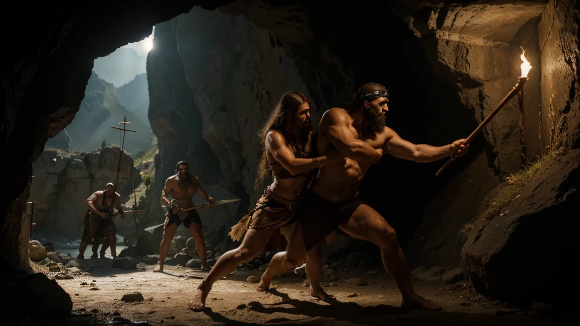 Create a horizontal illustration in the style of classical Greek drawing depicting Odysseus (Ulysses) driving a spear into the eye of Polyphemus, the cyclops, inside the cave. Odysseus, wearing a traditional Greek tunic and showing a fierce and determined expression, is using both hands to thrust the spear into Polyphemus' single eye. Polyphemus, the enormous cyclops, is rearing back in agony, with one hand clutching his face and the other groping blindly around the cave. The cave is dimly lit, with shadows flickering across the rugged walls and scattered sheep. Odysseus' companions are in the background, some helping with the spear and others watching with tense anticipation. The scene should be intense and dramatic, capturing the moment of danger and bravery, all rendered with the aesthetics and details of ancient Greek art.