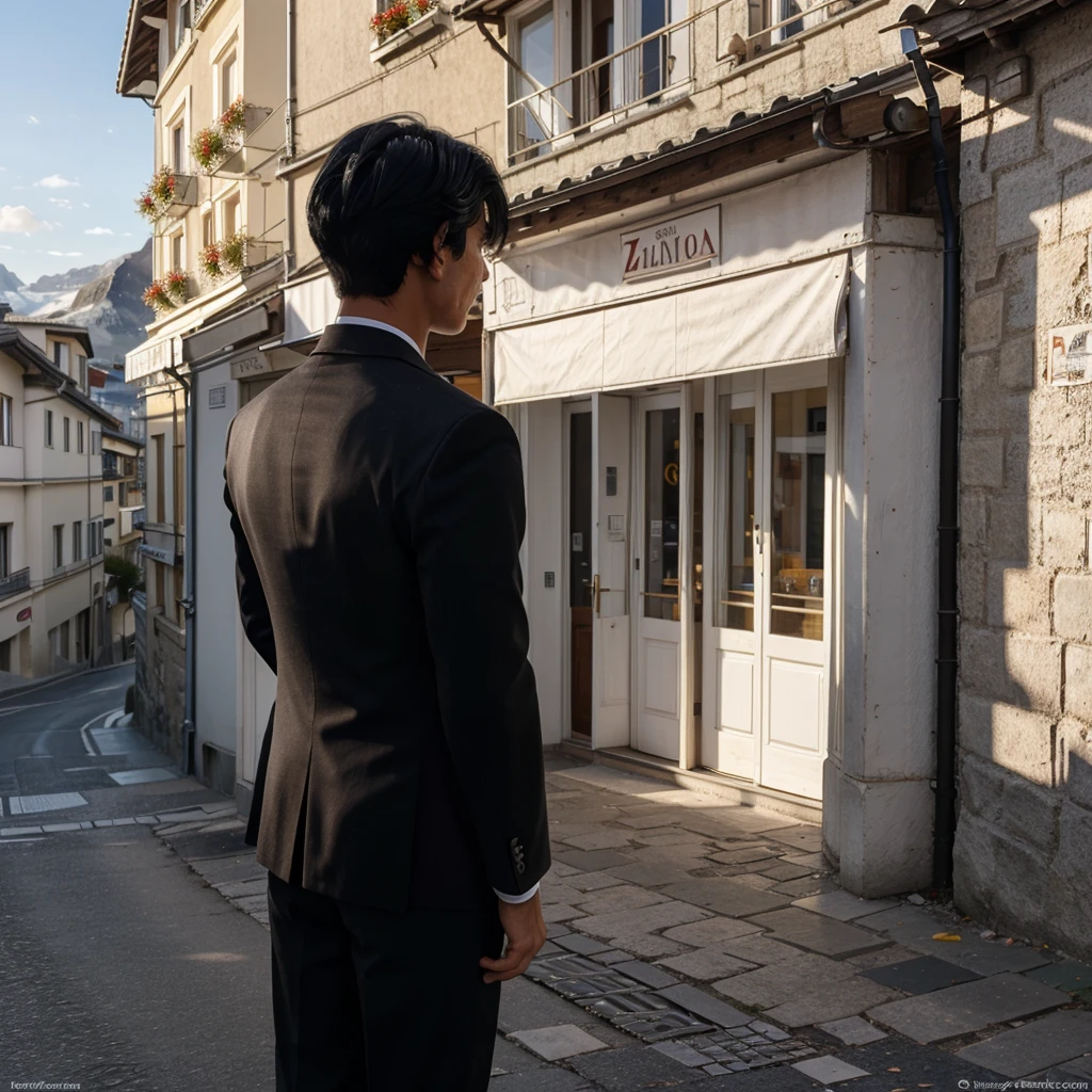 a boy with messy black hair facing his back wearing a black suit on the zermatt streets overlooking zermatt at morning