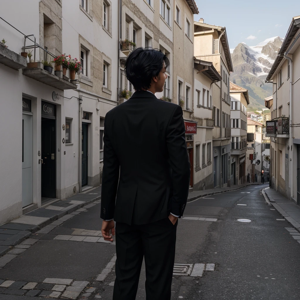 a boy with messy black hair facing his back wearing a black suit on the zermatt streets overlooking zermatt at morning