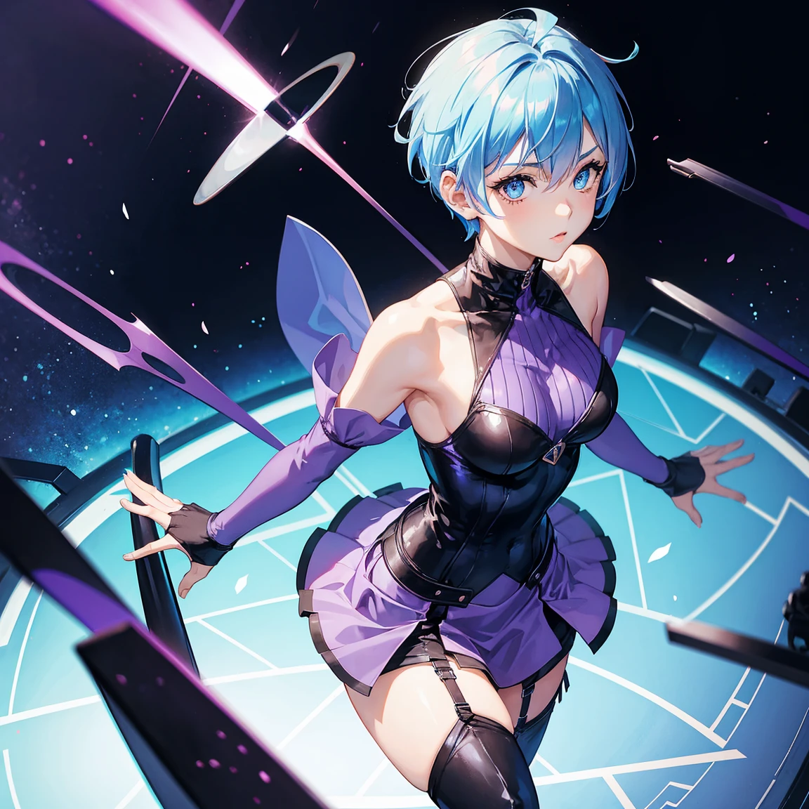 1 girl,blue hair(pixie cut),blue eyes,wearing a purple sleeveless body suit \,detached purple sleeves,black skirt,black stockings,boots