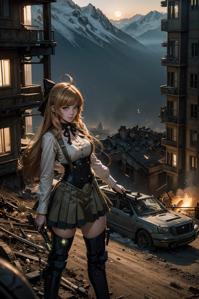 cowboy shot, (dynamic pose), smile, underbust, Penny Polendina, long hair, neck ribbon, suspender skirt, corset, black bow, white blouse, mechanical legs, neon trim, standing with crowd, (crowd in army uniforms, searching with rifles), ((in city ruins on hill, overlooking valley)), BREAK night, stars, moon, snow, BREAK mountains in background, waterfall, vehicle wreck, ((people in military uniform)), bonfires, post-apocalypse, dystopian future, (volumetric lighting), intricate details, tonemapping, sharp focus, hyper detailed
