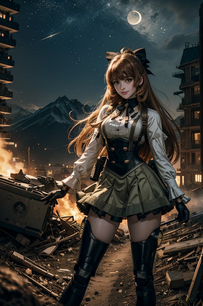 cowboy shot, (dynamic pose), smile, underbust, Penny Polendina, long hair, neck ribbon, suspender skirt, corset, black bow, white blouse, mechanical legs, neon trim, standing with crowd, (crowd in army uniforms, searching with rifles), ((in city ruins on hill, overlooking valley)), BREAK night, stars, moon, snow, BREAK mountains in background, waterfall, vehicle wreck, ((people in military uniform)), bonfires, post-apocalypse, dystopian future, (volumetric lighting), intricate details, tonemapping, sharp focus, hyper detailed