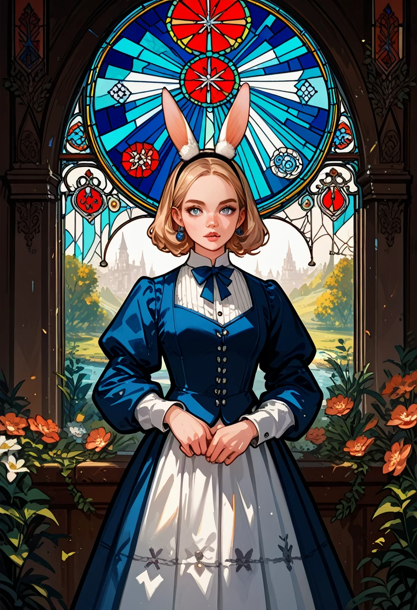 Masterpiece, medieval times, mystical, Alice in Wonderland, 1girl, Rabbit in a suit, Sil Off from Isometric Anime, stained glass, On White Background, Geometric composition,