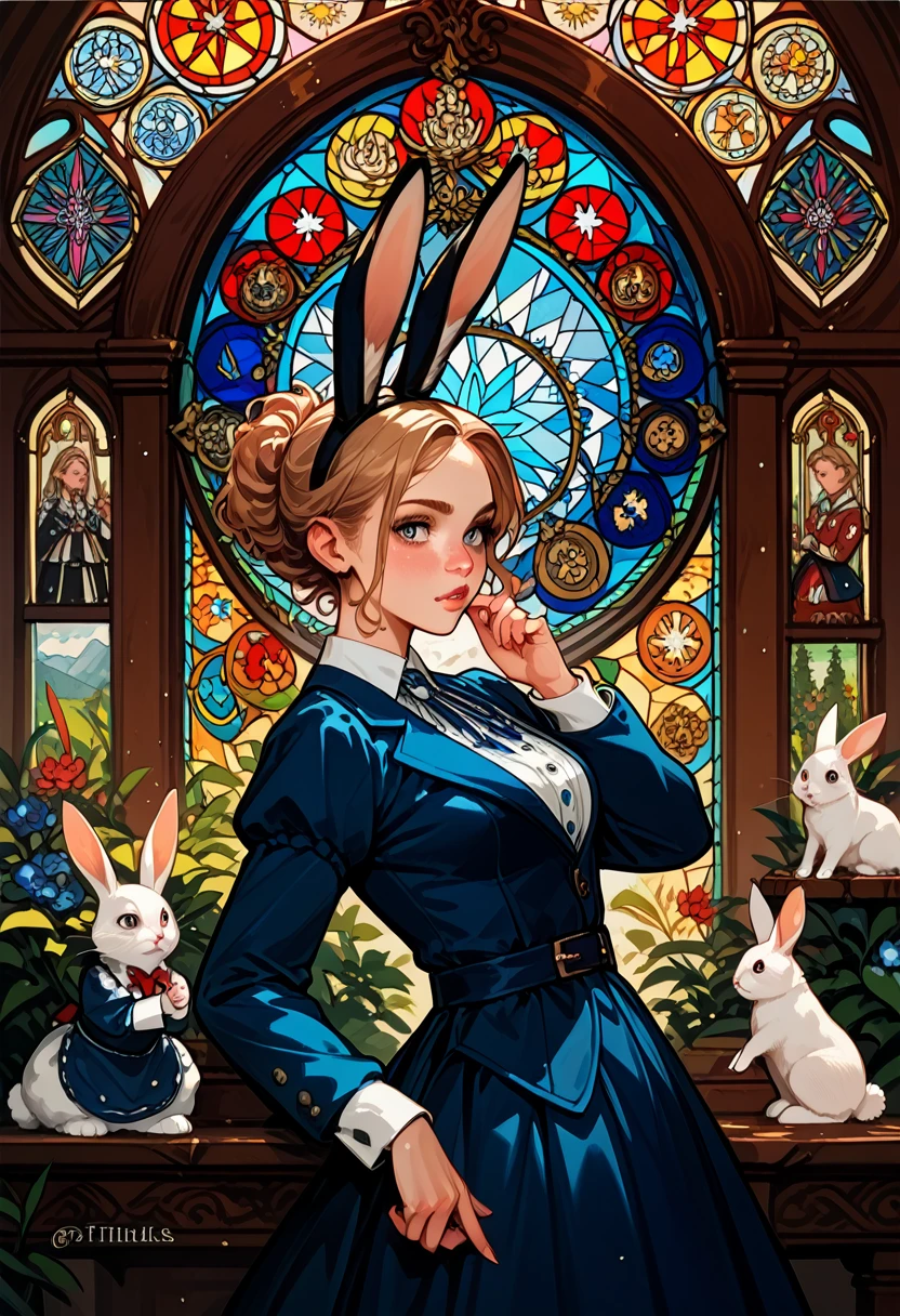 Masterpiece, medieval times, mystical, Alice in Wonderland, 1girl, Rabbit in a suit, Sil Off from Isometric Anime, stained glass, On White Background, Geometric composition,