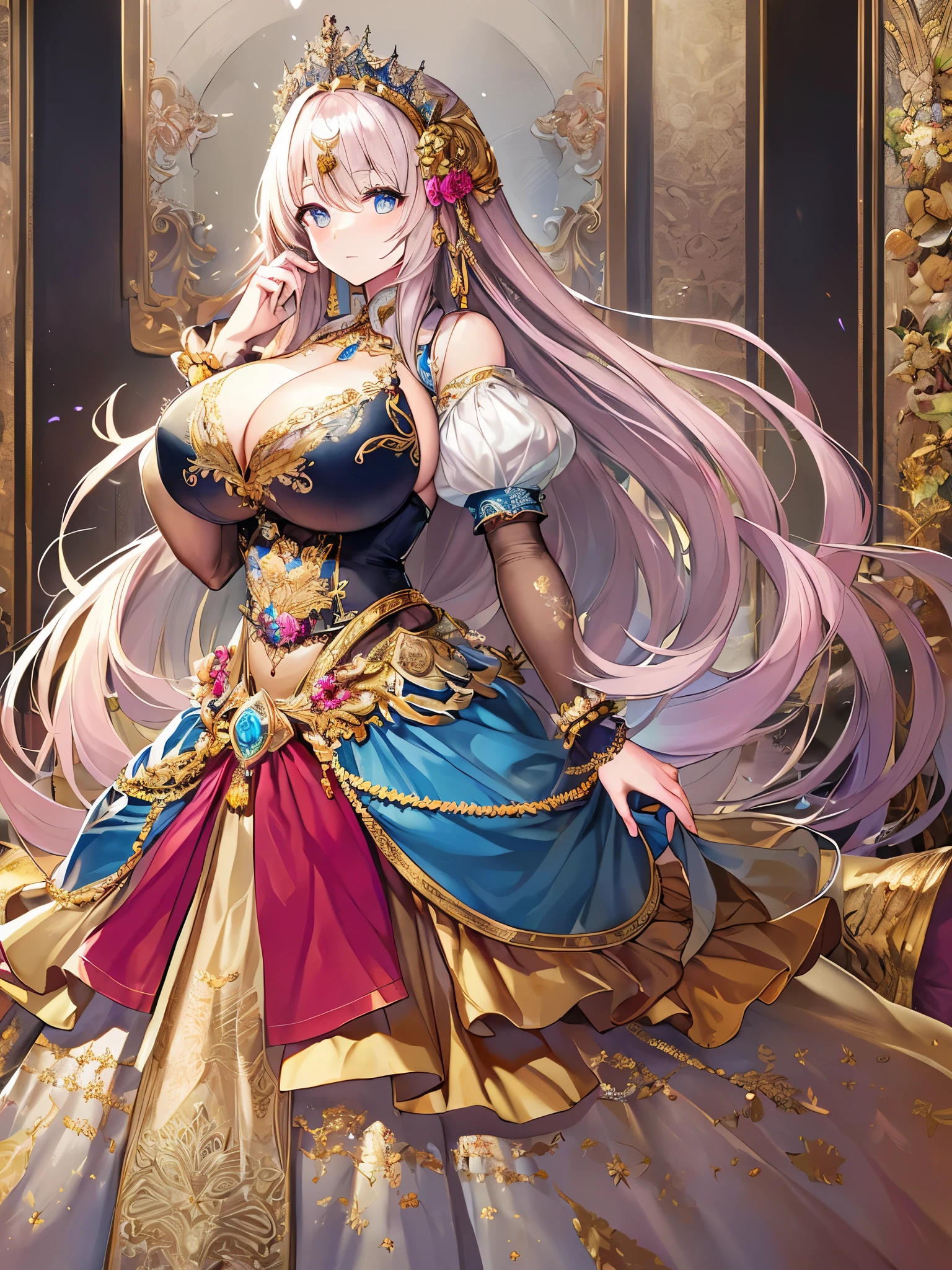 ((moe anime artstyle)),((Masterpiece)),(Best Quality),((Super Detail)),((Very Delicate and Beautiful)),((Solo)),full body,((full body portrait)),(((1 bling-bling Queen in beautiful embroidery and jeweled gorgeous rococo ballgown with voluminous full length crinoline hoop skirt))),(((((absurdly gigantic tits))))),(deep cleavage),Skindentation,(detailed face and eyes),jewel-like eyes,((crinoline,long train,beautiful embroidery and lace)),super detailed voluminous gorgeous rococo ballgown with voluminous full length crinoline hoop skirt,((bling-bling voluminous gorgeous rococo princess ballgown with beautiful embroidery and jeweled)),((Very Long Straight Hair,large amount of straight hair, absurdly long Straight hair)),extremely gorgeousfull hair ornament,((extremely gorgeous big tiara)),luxurious jewelry,((beautiful embroidery and jeweled gorgeous rococo ballgown with voluminous full length crinoline hoop skirt)),(((absurdly gigantic tits))),full body,(fantasy castle)