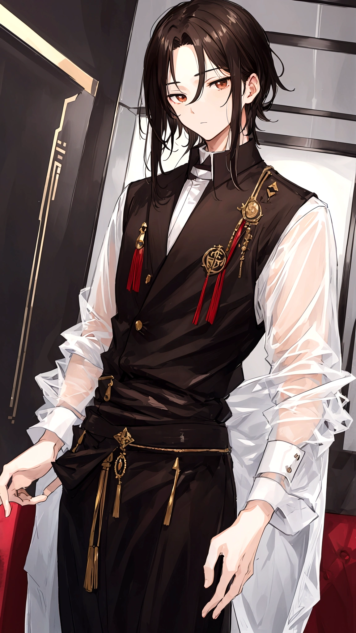 Shinji a boy with Medium-length wavy black hair, expressive brown eyes, fair complexion, slender but athletic build, wears a .