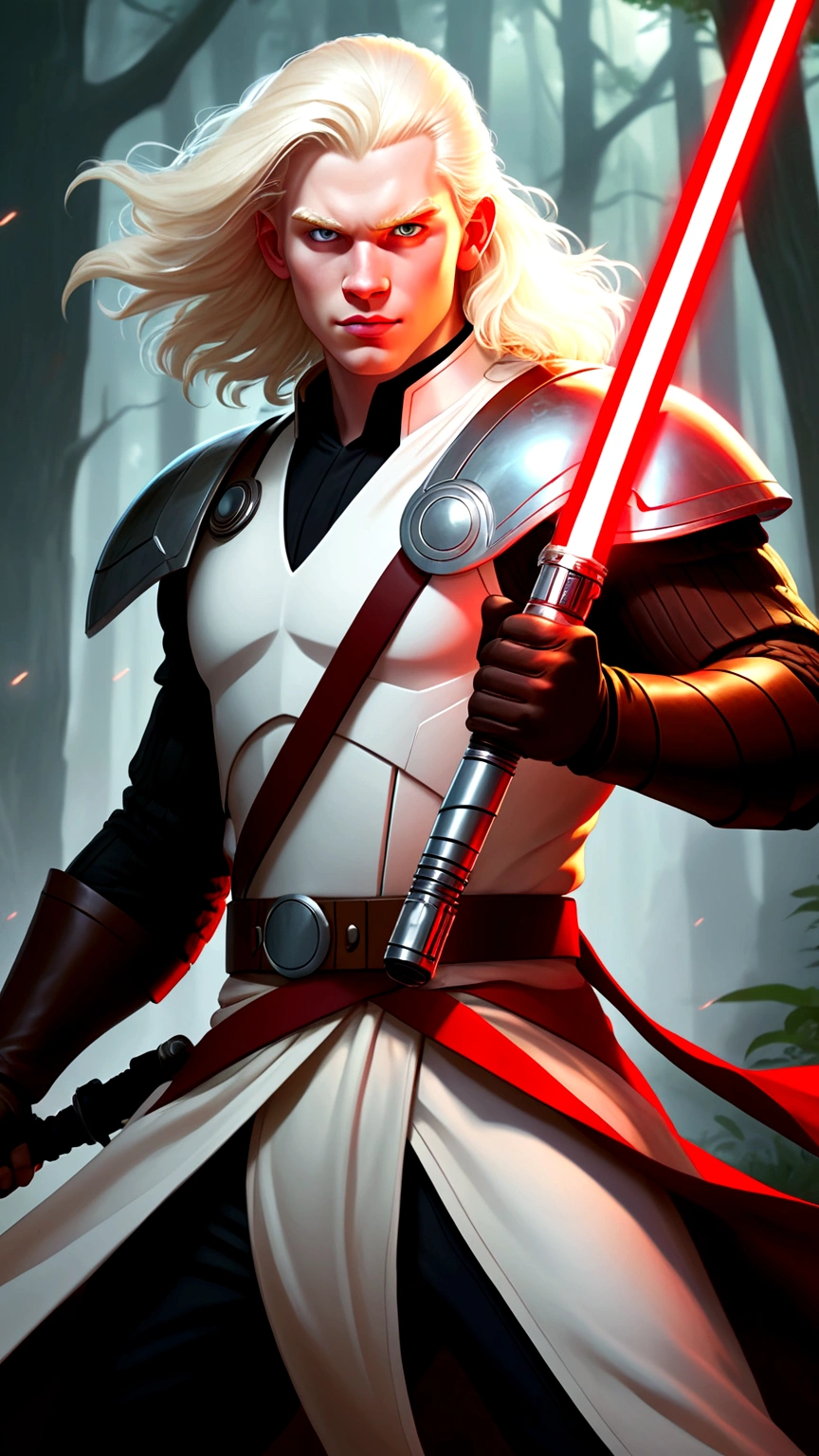 (starwars 2d comic art style with shading), a 20 year old Albino of Anglo-Saxon descent with a pure white complexion and a smile, burly brawny Physique with only 3 fingers on both hands, Albino long hair with thick eyebrows and white eyes, holding his thick twohanded Greatsword lightsaber with red lightning around it, black half armor with leather accents, foggy day walking in a lush battlefield, tense atmosphere, (full body portrait with correct body proportions:1), (solo:1).