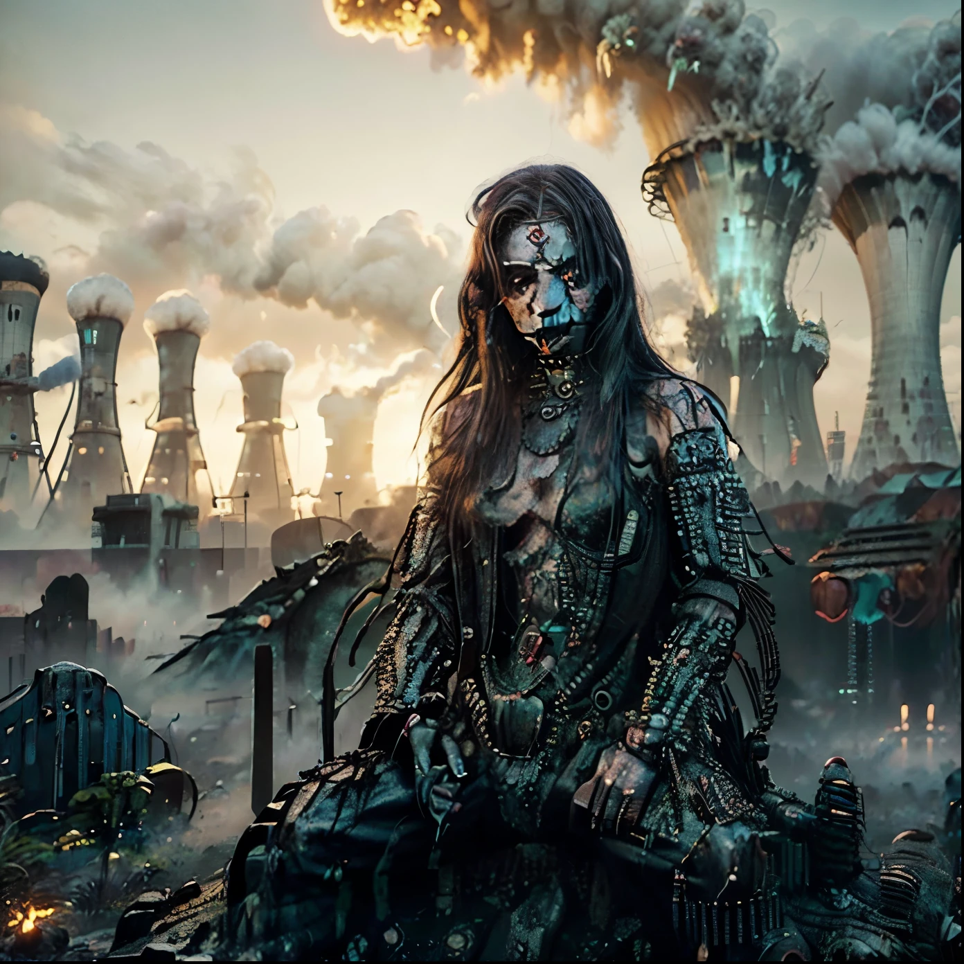 ("Cover Album") A drawing of a gigantic cemetery at the foot of the ruin of a nuclear power plant, radioactivity symbol, two nuclear reactors, atomic mushroom, Gloomy tones, figures wearing radioactive masks, nuclear war, Apocalyptic atmosphere