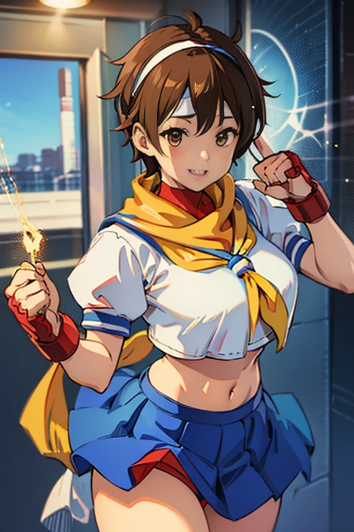 1GIRL SOLO, Sakura, Brown eyes, Brown hair, short hair, hits, He drowned, headband, , puffy sleeves, crop top, yellow scarf, blue skirt, Gloves without fingers, thighs thighs thighs, white socks, red shoes,finding stance, punching, finding,(Mesa, of the highest qualityの, of the highest quality, beautiful and aesthetic: 1.2), Very detailed, more detailed,proper body proportions,Mesa,Very high quality output image,high resolution,intricate details,very delicate and beautiful hair,realistic photos,dreamlike,Professional lighting,realistic shadow,Focus only,
Anime one、(happy smile)、(open the mouth)